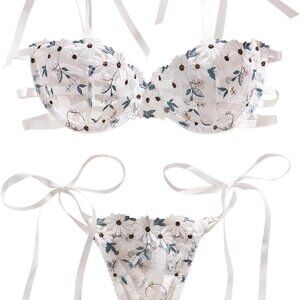 Sexy Tie Side Embroidered Underwire Push Up Cute Strappy Mesh Sheer Bachelorette